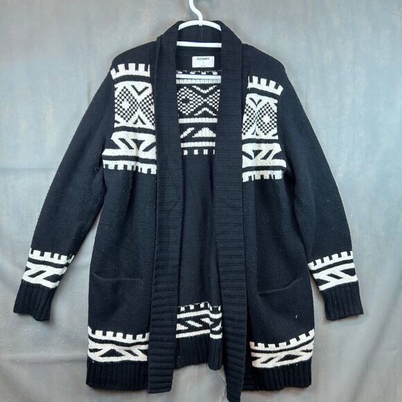 Old Navy Cardigan Sweater Women's Medium Black White Open Front Long Sleeve - Picture 1 of 6